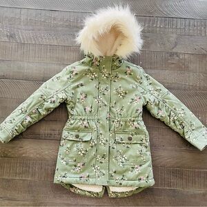 Girls Floral Green Hooded Parka/Jacket Size 5/6